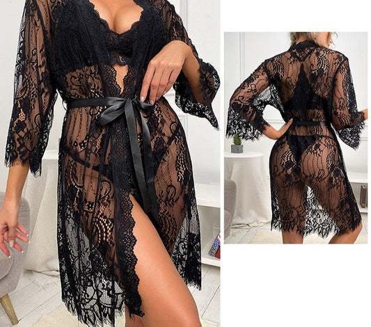 Chemise de nuit sexy en maille avec bordure florale en dentelle