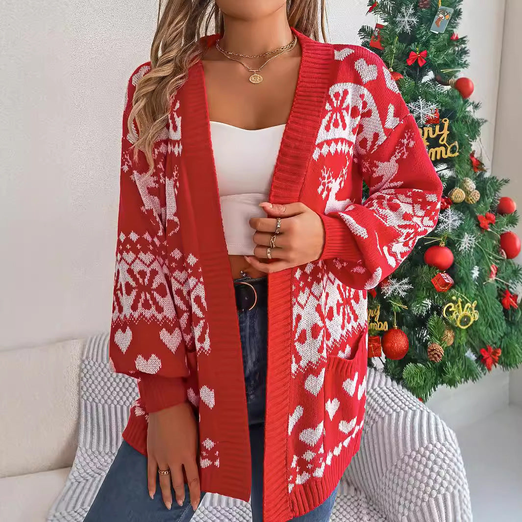 Cardigan de Noël en fibre acrylique avec manches lanternes